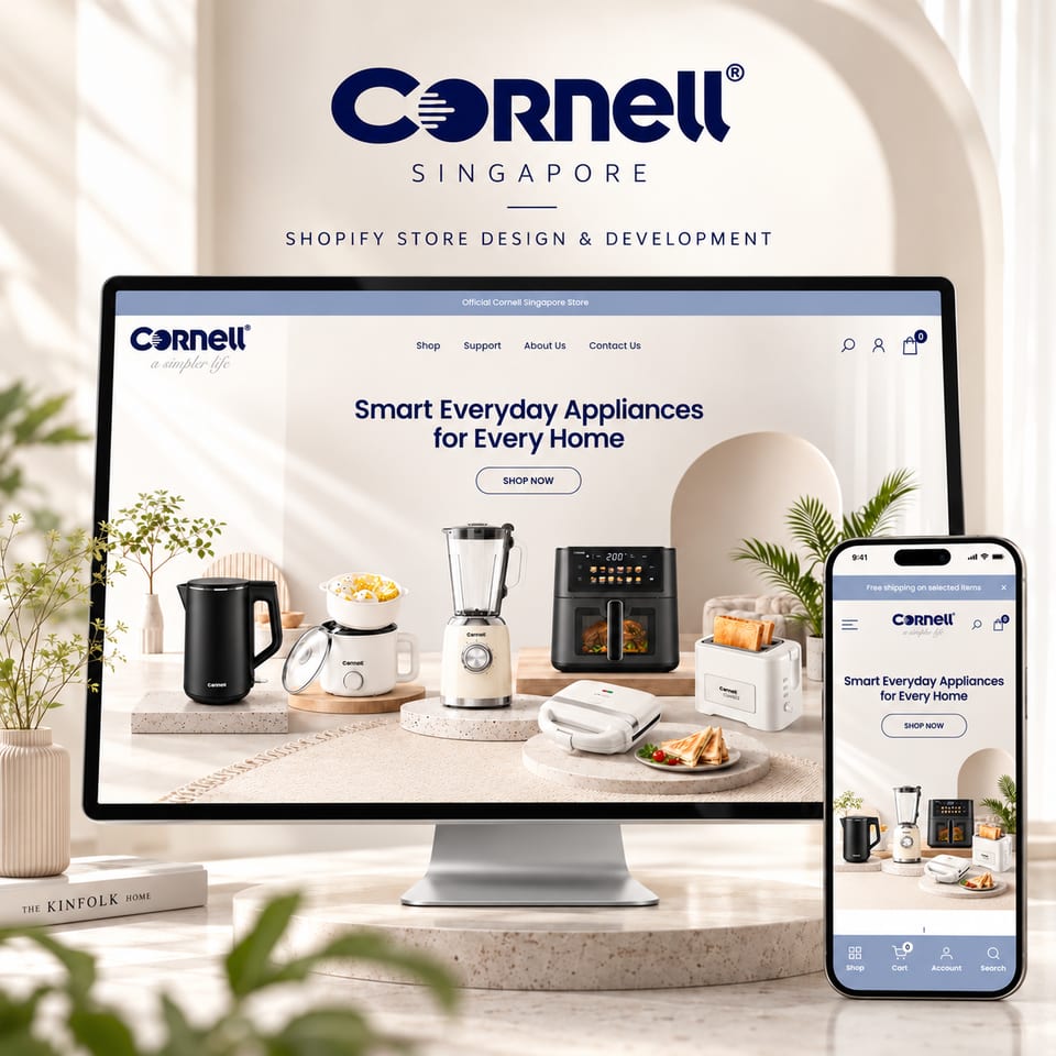 Cornell Singapore Shopify store redesign shown on desktop and mobile with its home appliance collection