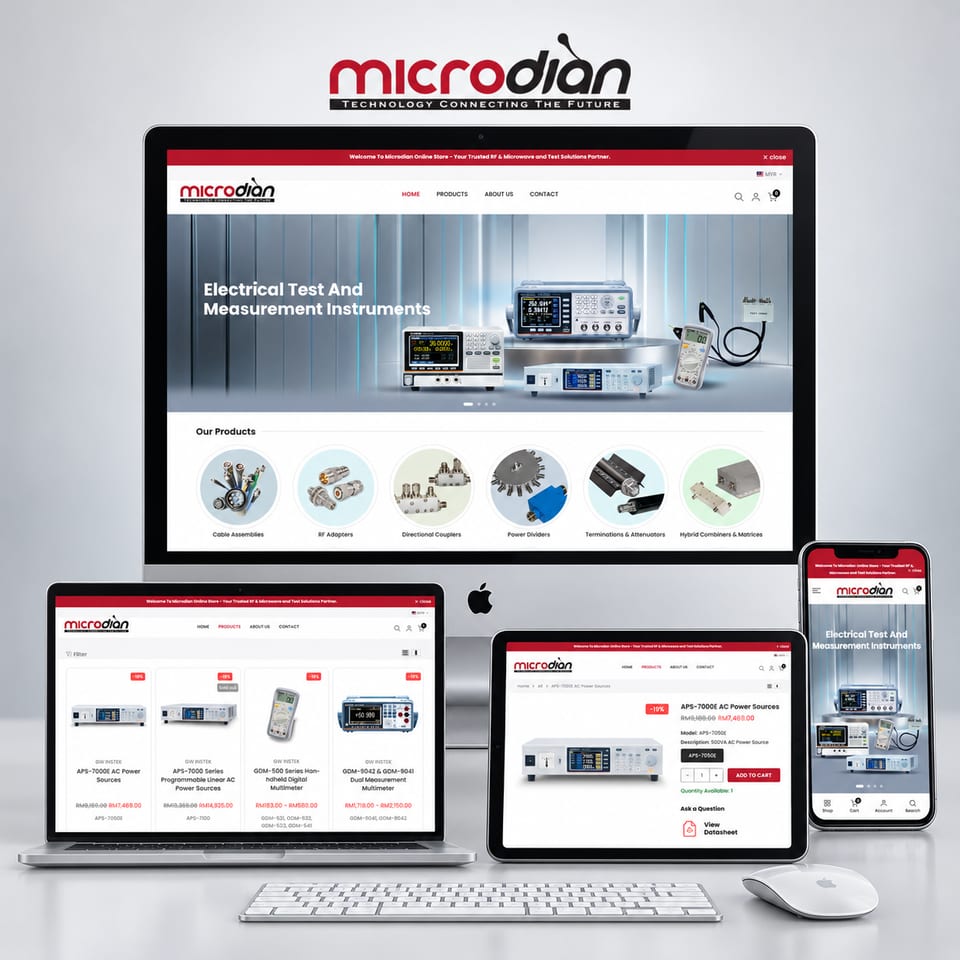 Microdian Shopify storefront shown across desktop, laptop, tablet and mobile, including a product page with PDF datasheet access