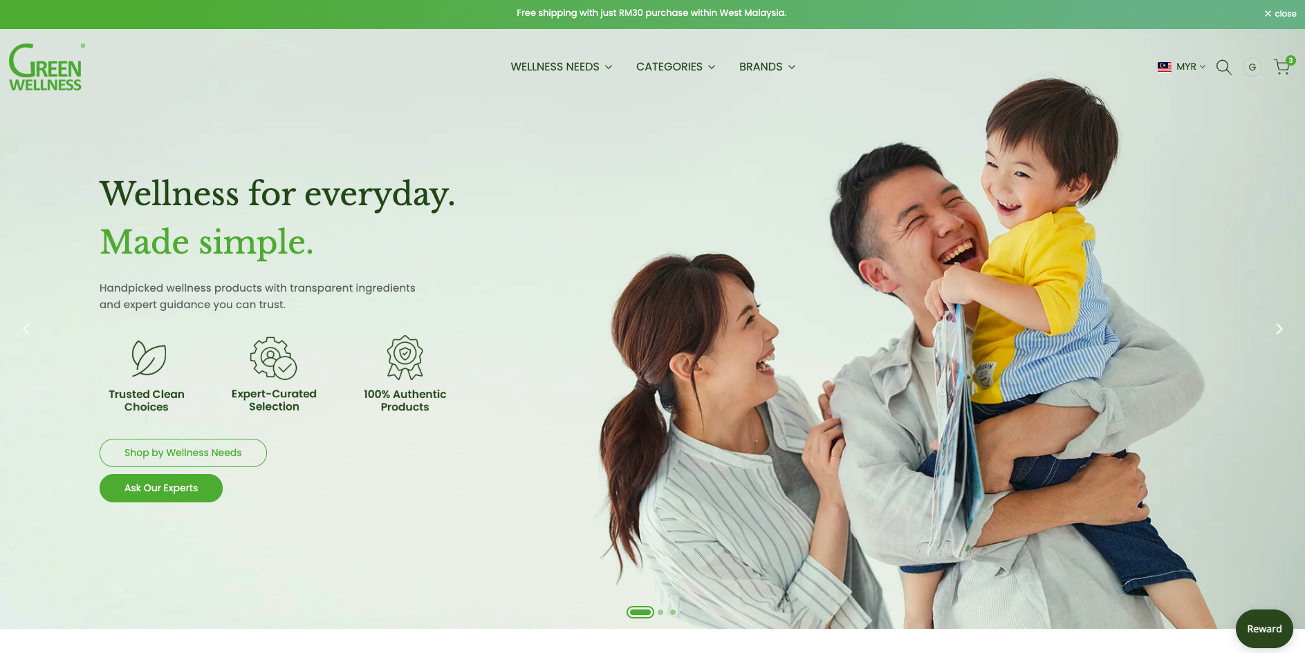 Green Wellness Shopify homepage with wellness-led navigation and family lifestyle banner